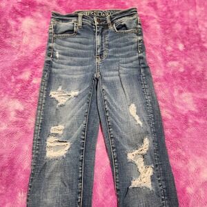American Eagle Jeans Women's Sz 00 Blue Distressed Hi-Rise Jegging Super Stretch